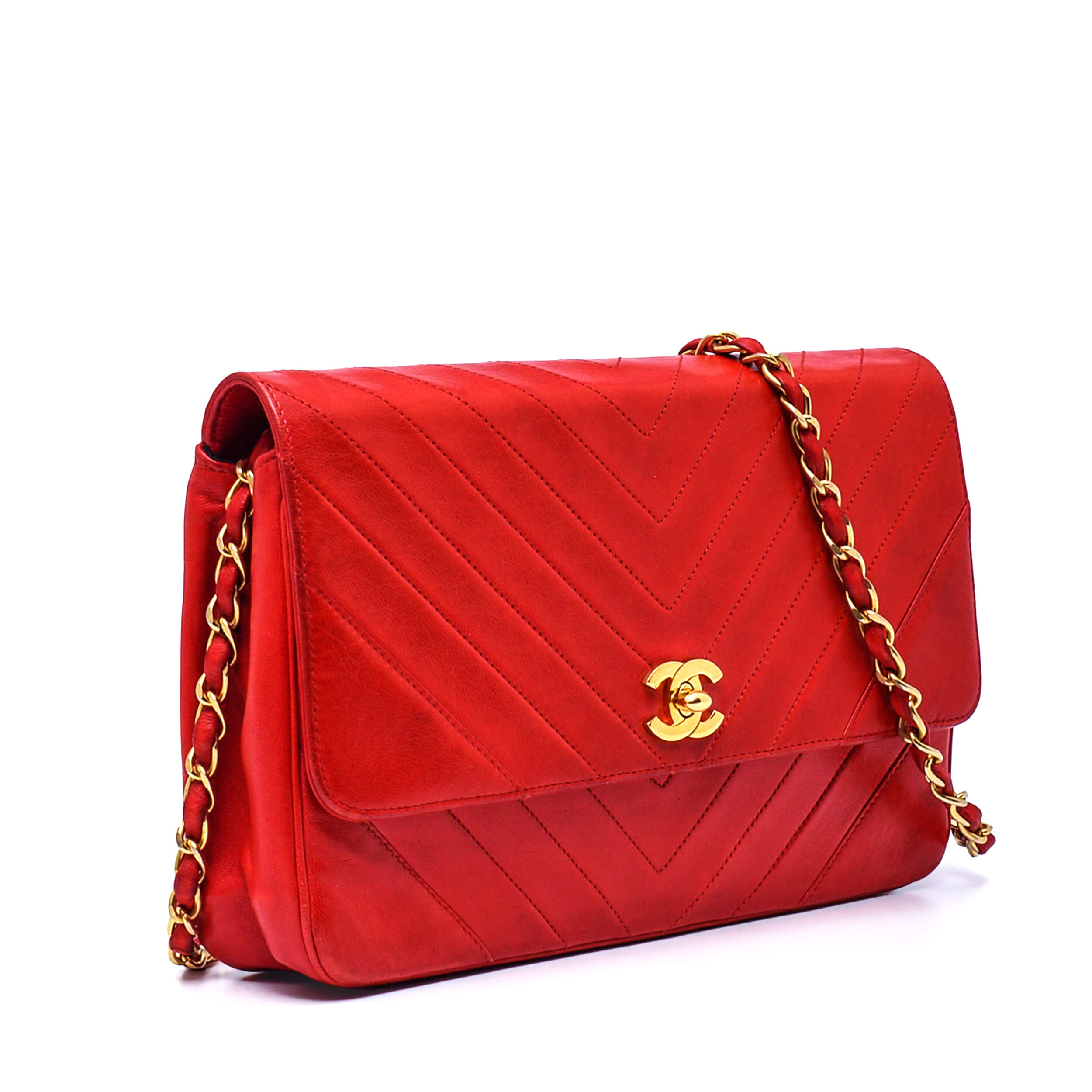 Chanel - Vintage Red Chevron Lambskin Leather Single Medium Flap Bag